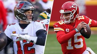The Tampa Bay Buccaneers will face the Kansas City Chiefs for Super Bowl LV in Tampa, Florida. Above, quarterbacks Tom Brady, left, and Patrick Mahomes, right.
