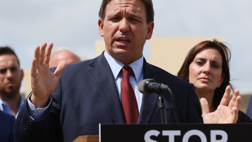 Florida Gov. Ron DeSantis speaks during a press conference held at the Florida National Guard Robert A. Ballard Armory on June 07, 2021 in Miami, Florida.