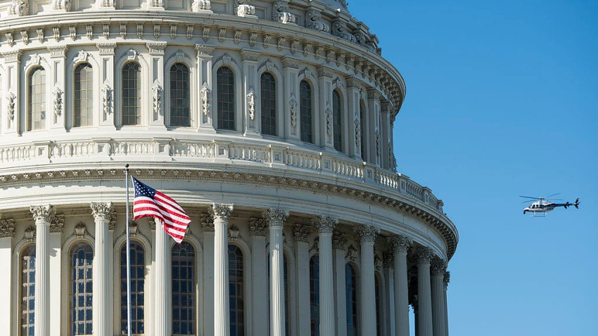 A helicopter hover around the U.S. Capitol in support of an upcoming Architect of the Capitol construction project on Tuesday, Nov. 19, 2013.