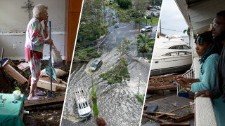 In Fort Myers, Florida, (Left) Stedi Scuderi looks over her apartment filled with flood water from Hurricane Ian, (Center) vehicles make their way through a flooded area from Ian, (Right) Frankie Romulus (L) and Kendrick Romulus stand outside of their apartment next to a boat that floated into their apartment complex due to the storm.