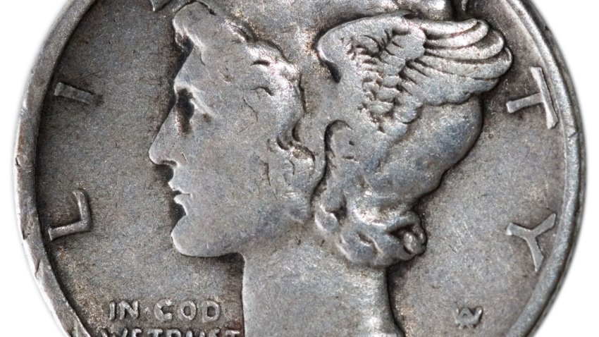 A close up of a 1943 Mercury Head Liberty Dime.