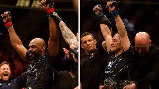 Jon Jones celebra después de ganar el campeonato de peso pesado de UFC contra Ciryl Gane de Francia durante el UFC 285 en T-Mobile Arena el 4 de marzo de 2023 en Las Vegas, Nevada. Derecha, Alexa Grasso de México reacciona tras vencer a Valentina Shevchenko de Kirguistán en el UFC 285.