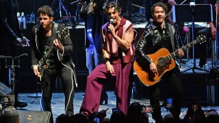 Nick Jonas, Joe Jonas and Kevin Jonas of Jonas Brothers perform at Royal Albert Hall, April 14, 2023, in London.