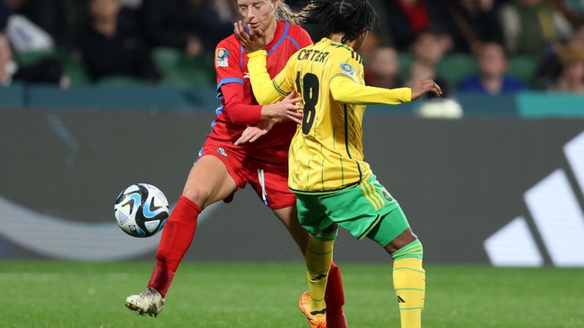 PERTH, AUSTRALIA – JULY 29: Riley Tanner of Panama and Trudi Carter of Jamaica compete for the ball during the FIFA Women’s World Cup Australia & New Zealand 2023 Group F match between Panama and Jamaica at Perth Rectangular Stadium on July 29, 2023 in Perth, Australia. (Photo by Paul Kane/Getty Images)