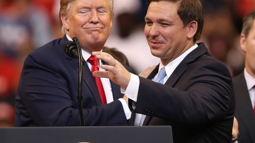 U.S. President Donald Trump introduces Florida Governor Ron DeSantis during a homecoming campaign rally at the BB&T Center on November 26, 2019 in Sunrise, Florida. President Trump continues to campaign for re-election in the 2020 presidential race. 