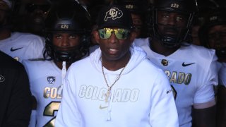 Head coach Deion Sanders of the Colorado Buffaloes looks on prior to a game against the UCLA Bruins at Rose Bowl Stadium on October 28, 2023 in Pasadena.