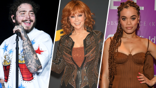 Post Malone, Reba McEntire y Andra Day en fotos de archivo.