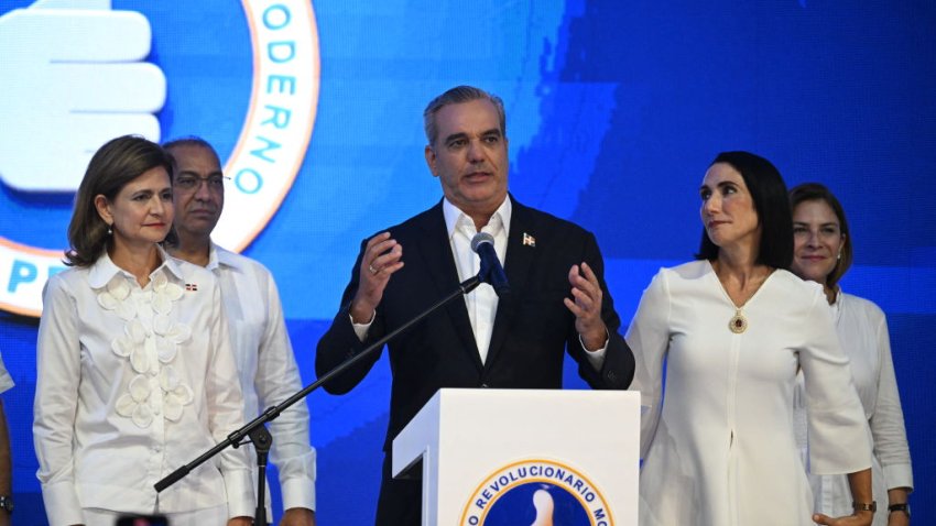 Dominican Republic’s President and presidential candidate for the Modern Revolutionary Party (PRM), Luis Abinader, speaks to supporters after the first results of the general elections in Santo Domingo on May 19, 2024. Dominican President Luis Abinader declared this Sunday his re-election for a second four-year term, shortly after receiving the concession from his two main rivals with just over 20% of the votes counted. (Photo by Federico PARRA / AFP) (Photo by FEDERICO PARRA/AFP via Getty Images)