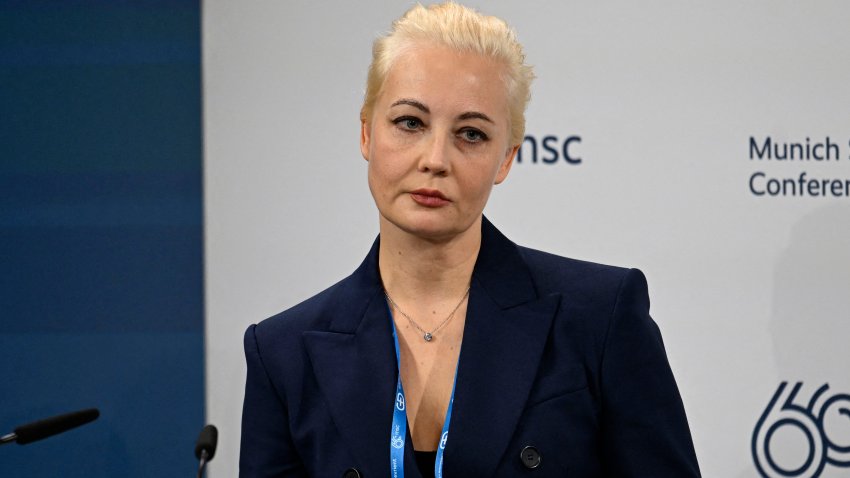 Yulia Navalnaya, wife of late Russian opposition leader Alexei Navalny, attends the Munich Security Conference (MSC), on the day it was announced that Alexei Navalny died at the prison service of the Yamalo-Nenets region where he had been serving his sentence, in Munich, southern Germany on February 16, 2024. (Photo by THOMAS KIENZLE / AFP) (Photo by THOMAS KIENZLE/AFP via Getty Images)