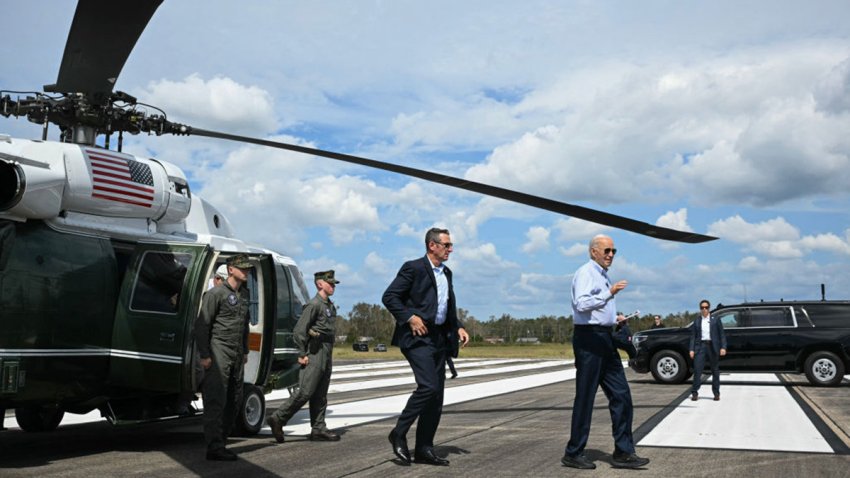 US President Joe Biden arrives at North Perry Landing Zone in Perry, Florida, October 3, 2024, after taking an aerial tour of areas affected by Hurricane Helene. (Photo by Mandel NGAN / AFP) (Photo by MANDEL NGAN/AFP via Getty Images)