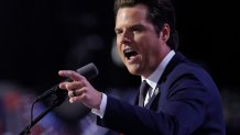 US Representative from Florida Matt Gaetz speaks during the third day of the 2024 Republican National Convention at the Fiserv Forum in Milwaukee, Wisconsin, on July 17, 2024. Days after he survived an assassination attempt Donald Trump won formal nomination as the Republican presidential candidate and picked Ohio US Senator J.D. Vance for running mate. (Photo by Kamil Krzaczynski / AFP) (Photo by KAMIL KRZACZYNSKI/AFP via Getty Images)