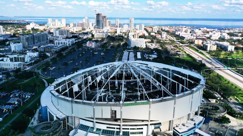 CHIMCHIME, ST  PETERSBURG, FLORIDA, UNITED STATES – 2024/10/13: (EDITORS NOTE: Image taken with drone) In this aerial view, the domed roof at Tropicana Field, the home of the Tampa Bay Rays, is seen ripped to shreds from Hurricane Miltonís powerful winds in St. Petersburg. The storm passed through the area on October 10, 2024, making landfall as a Category 3 hurricane in Siesta Key, Florida. (Photo by Paul Hennessy/SOPA Images/LightRocket via Getty Images)