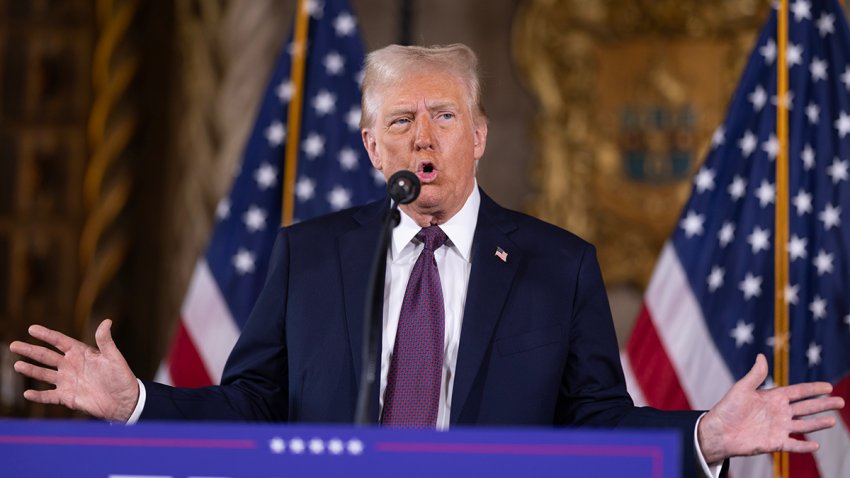 PALM BEACH, FLORIDA – JANUARY 07:  U.S. President-elect Donald Trump speaks to members of the media during a press conference at the Mar-a-Lago Club on January 07, 2025 in Palm Beach, Florida. Trump will be sworn in as the 47th president of the United States on January 20, making him the only president other than Grover Cleveland to serve two non-consecutive terms in office. (Photo by Scott Olson/Getty Images)