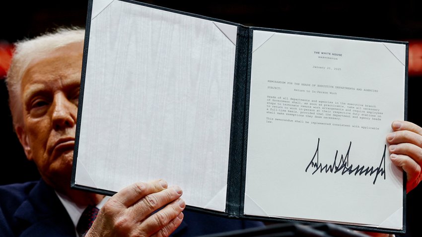 US President Donald Trump holds a signed executive order on remote work for government employees during the 60th presidential inauguration parade at Capital One Arena in Washington, DC, US, on Monday, Jan. 20, 2025. President Donald Trump launched his second term with a strident inaugural address that vowed to prioritize Americas interests with a “golden age” for the country, while taking on “a radical and corrupt establishment.” Photographer: Anna Moneymaker/Getty Images/Bloomberg via Getty Images