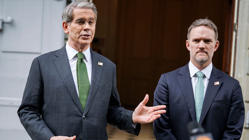 US Treasury Secretary Scott Bessent (L) and US Trade Representative Jamieson Greer speak to the media after talks between seniors US and Chinese officials on tariffs at the residence of the permanent Swiss ambassador to the United Nations in Geneva on May 11, 2025. US officials voiced optimism on May 11, at the end of a weekend of trade talks with China aimed to de-escalate trade tensions sparked by President Donald Trump’s aggressive tariff rollout. (Photo by VALENTIN FLAURAUD / AFP) (Photo by VALENTIN FLAURAUD/AFP via Getty Images)