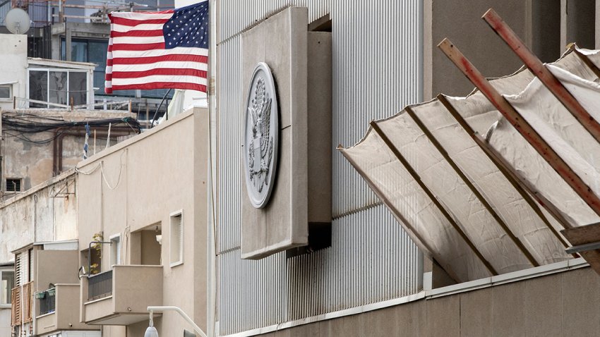 A picture shows the exterior of the US embassy in Tel Aviv on December 6, 2017. – President Donald Trump is set to recognise Jerusalem as Israel’s capital, upending decades of careful US policy and ignoring dire warnings from Arab and Western allies alike of a historic misstep that could trigger a surge of violence in the Middle East. (Photo by JACK GUEZ / AFP) (Photo by JACK GUEZ/AFP via Getty Images)