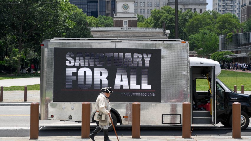 Protesters gather to protest the ongoing deportations and activities by ICE and US President Donald Trump’s administration on Independence Mall in Philadelphia, Pennsylvania on May 31, 2025. (Photo by Matthew Hatcher / AFP) (Photo by MATTHEW HATCHER/AFP via Getty Images)