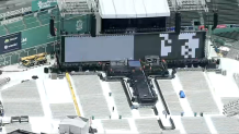 A stage set up at Boston's Fenway Park on Thursday, May 29, 2025, ahead of Shakira's scheduled concert.