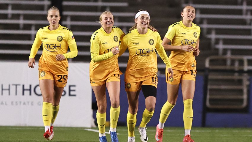 DALLAS, TEXAS – FEBRUARY 15: Parker Goins #11 of Tampa Bay Sun FC  celebrates after scoring her team’s first goal during match between Dallas Trinity FC and Tampa Bay Sun FC at Cotton Bowl on February 15, 2025 in Dallas, Texas. (Photo by Omar Vega/Getty Images)