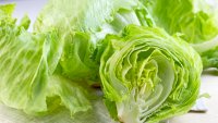 Fresh green iceberg lettuce salad leaves cut on light background on the table in the kitchen.