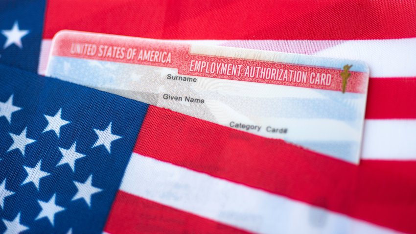 Employment Authorization card covered of USA Flag. Close up view.