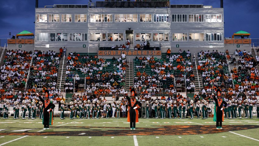 Members of the Florida A&M University Marching band perform at half time of the game against the West Florida Argonauts at Bragg Memorial Stadium on Ken Riley Field on September 16, 2023 in Tallahassee, Florida.